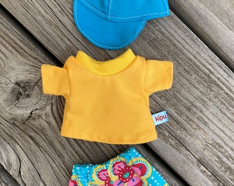 Handgemachtes Puppenkleid-Set – Passend Für Plüschäffchen 20 Cm, Türkis/gelb – Kleid + Hut Oder Shirt + Hose + Hut