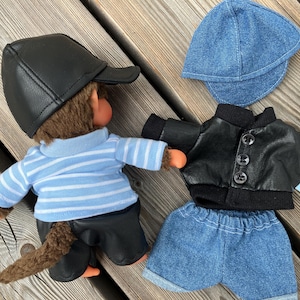 Kurtka dla małpy rozmiar 20 cm skórzana kurtka jeansy koszula czapka odzież dla pluszaka skórzany kombinezon skórzane spodnie