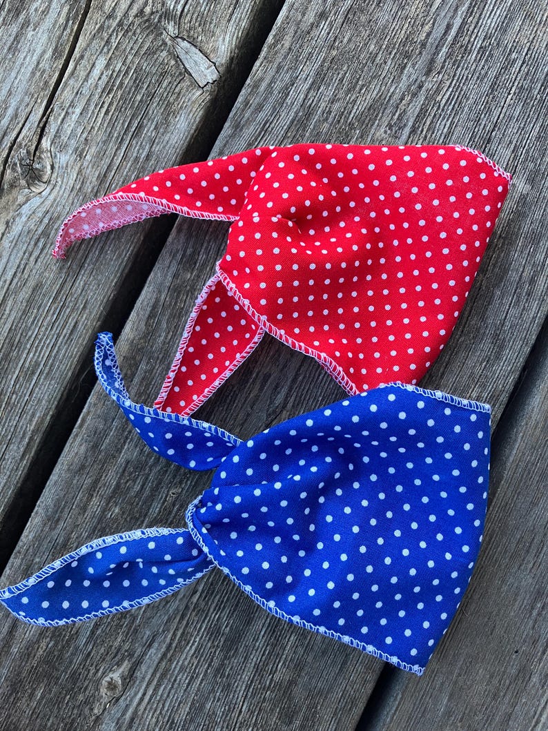 May include: Two fabric bandanas with white polka dots on a red and blue background. The bandanas are tied together and laid on a wooden surface.