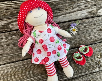 Doll clothes, size 30 cm, cherries design, 5-piece set.