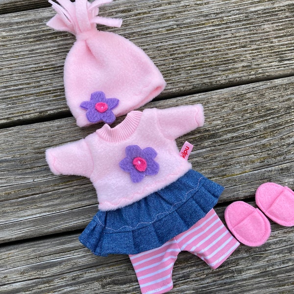 KLEIDUNG für Äffchen Gr. 20 cm Puppenkleidung Jeansrock + Pulli + Leggings + Mütze + Schuhe rosa & pink