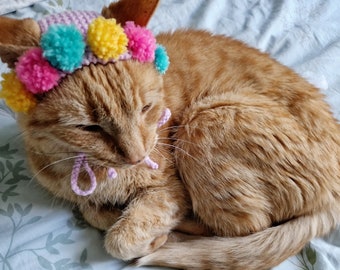 Pastel Mini Pompom Cat Hat, Rainbow Pet Bonnet, Crown for Cats, Mini Pompom Cat Accessories