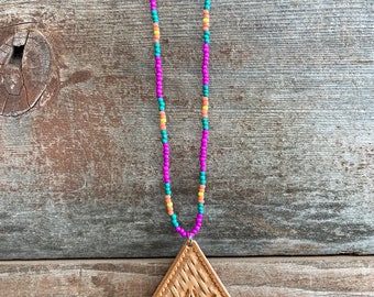 Colorful Beaded Necklaces with Leather Pendants