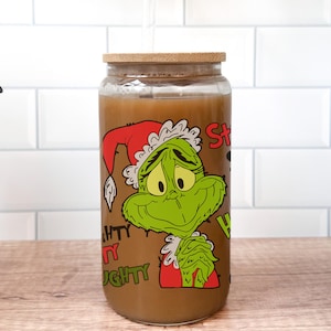 Grinch Christmas Libby Glass Cup with Lid & Straw