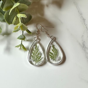 Pressed Botanical Leaf Resin Earrings: Teardrop Dangle, Silver or Gold
