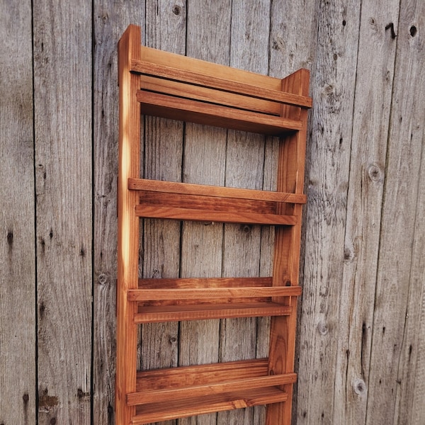 Rustic Spice Rack with Rails 2/3/4/5 Shelves Handmade Wooden Kitchen Storage Herb Jar Shelf Organiser - Golden Oak