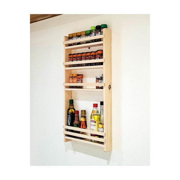 Spice Rack with Bottle Shelf  3/4/5 Shelves Rustic Wooden Kitchen Larder Pantry Storage Herb Jars Holder Organiser - Natural