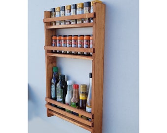 Spice Rack with Bottle Shelf  3/4/5 Shelves Rustic Wooden Kitchen Larder Pantry Storage Herb Jars Holder Organiser - Golden Oak