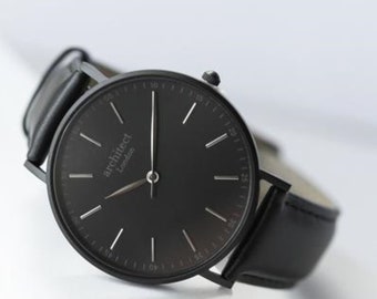 Montre minimaliste personnalisée pour hommes, bracelet en cuir noir de jais, mécanisme à quartz, the Architect Watch Company, anniversaire, cadeau de Noël