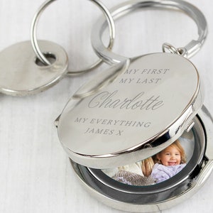 Personalized Photo Keyring, Silver Circle, Double Photo Locket Style Keyring, Custom Engraved, Any Message, Gift for Her, Him, Mum, Nan, Dad