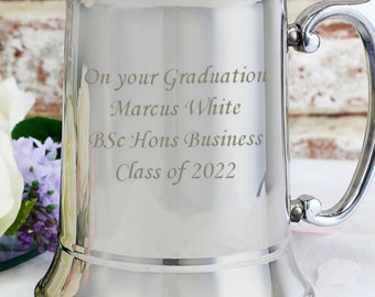 Personalized Graduation Tankard, Stein, Custom Text, Stainless Steel Decorative, Blue Silk Lined Gift Box, 12 cm