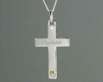 Personalized Sterling Silver Cross with mini Gold Plated Inlayed Heart, Cubic Zirconia Gem, 18 inch Chain - Religious Occasion Gift