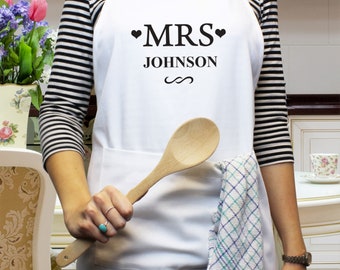 Personalized Ladies Apron, MRS & Surname, White Easy Care Long Apron, Baker's Gift, Chef Apron Gift for Her, Wedding, Anniversary, Birthday