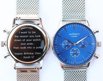 Men's Motivator Watch, Engraved, Silver Mesh Strap, Blue Face, Quartz Watch, The Architect Watch Company, Birthday, Father's Day Gift