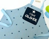 Kid's Personalized Apron, Blue or Red Star Cotton, Toddler Play Chef, Junior Apron, Teen Apron, Children's Apron, Printed Name Plaque