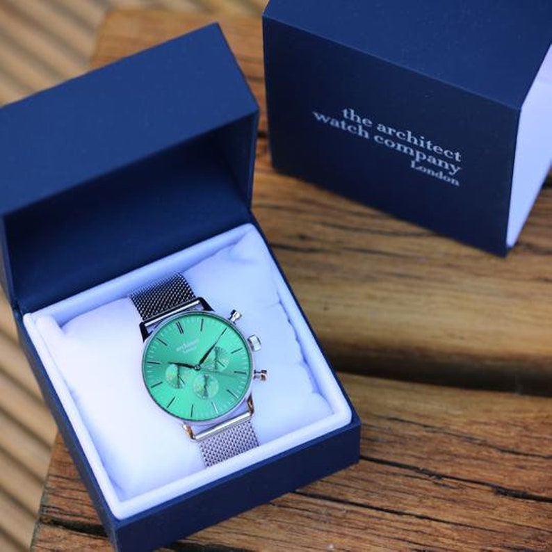 Men's Motivator Watch, Engraved, Silver Mesh Strap, Envy Green Face, Quartz Watch, The Architect Watch Company, Birthday, Father's Day Gift image 3