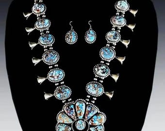 Native American Sterling and Golden Hills Turquoise Squash Blossom
