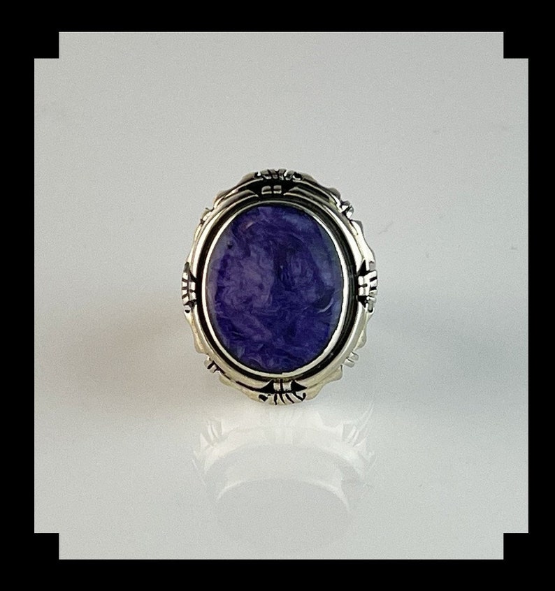 Native American Charoite and Double Stack Sterling Ring Size 8