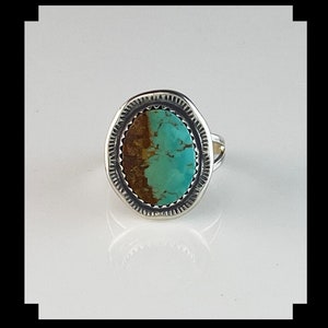 Handcrafted Sterling and Pilot Mountain Turquoise Ring   Size 7 3/4