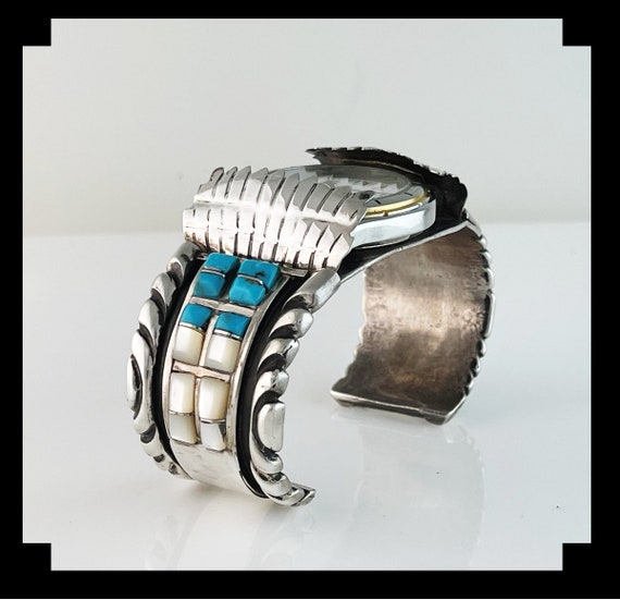 Very Rare Gilbert Turquoise Vintage Native American Jewelry Navajo Sterling Silver Feather Bracelet Very Rare Gilbert Turquoise Vintage Native American Jewelry Navajo Sterling Silver Feather Bracelet