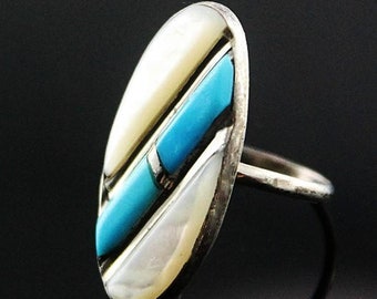 Rolled Turquoise and Mother of Pearl Ring   Size 6 1/2