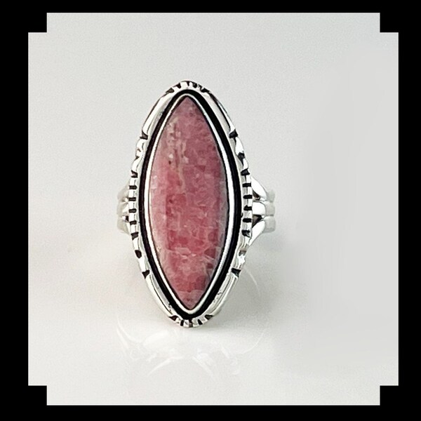 Handcrafted Sterling and Rhodochrosite Ring  Size 6 3/4