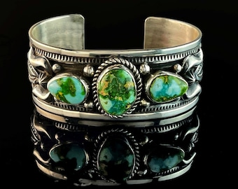 Sterling and Sonoran Gold Turquoise Cuff by Navajo Albert Jake
