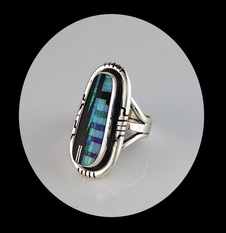 Native American Onyx and Opalite Inlay Ring Size 7 14