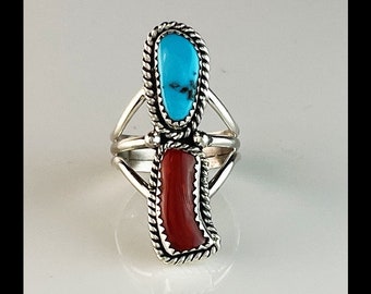 Sterling, Turquoise and Coral Ring   Size 8 3/4