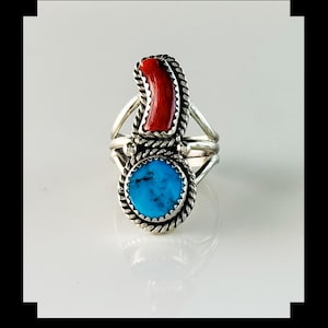 Handcrafted Sterling, Turquoise and Coral Ring  Size 8 1/4