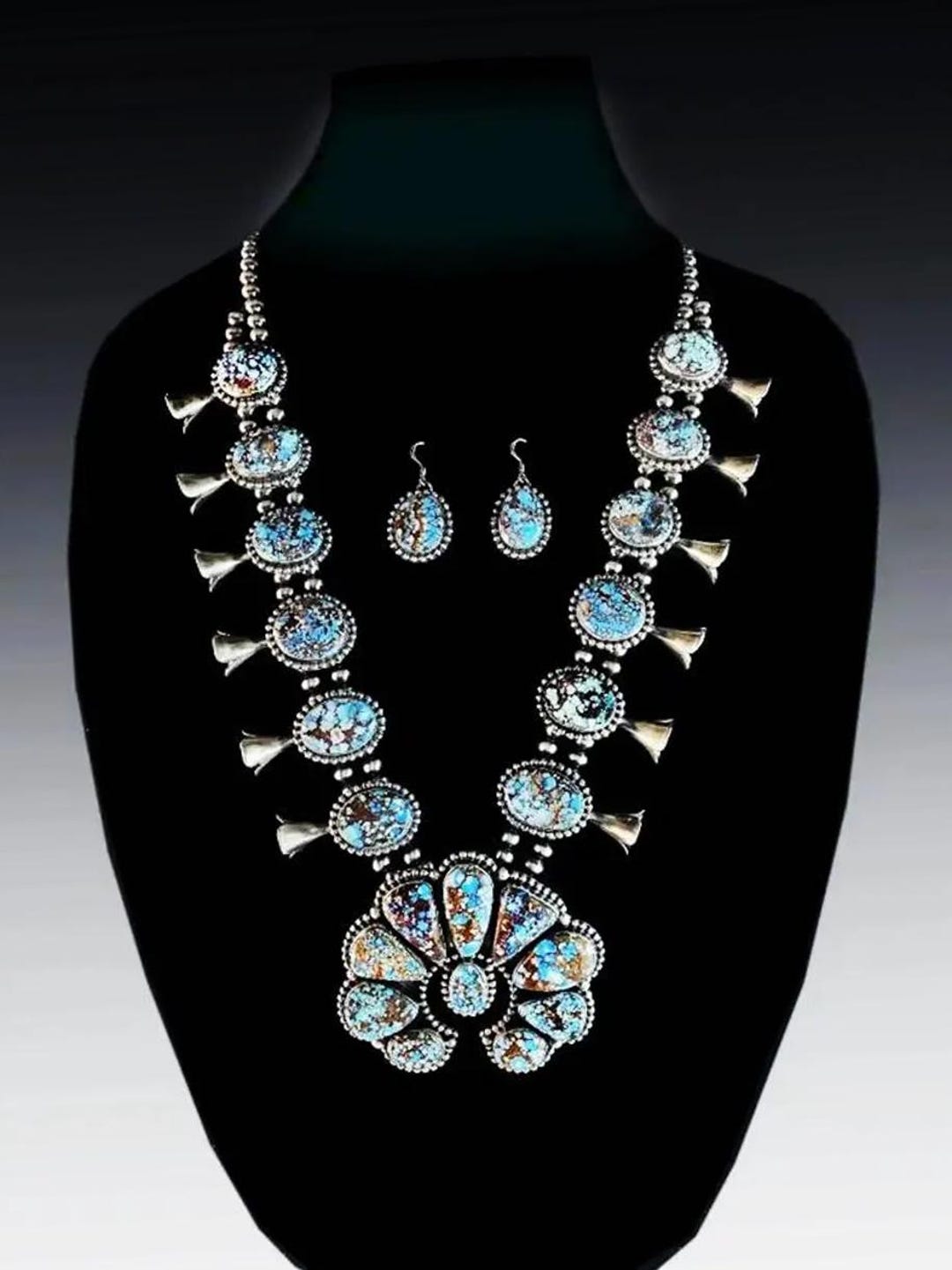 Native American Sterling and Golden Hills Turquoise Squash Blossom