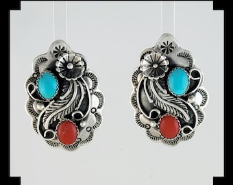 Navajo Turquoise and Coral Post Earrings