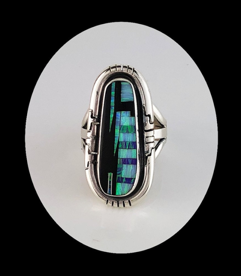 Native American Onyx and Opalite Inlay Ring Size 7 14