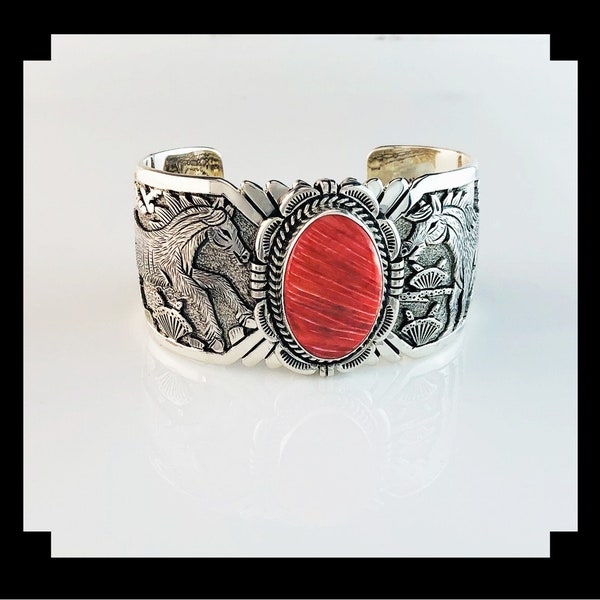 Sterling and Spiny Oyster Bracelet by Navajo Artist Freddy Charley