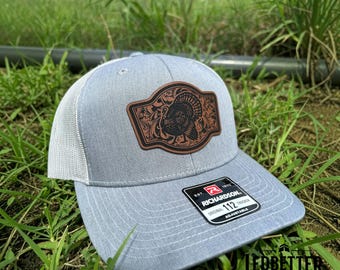 Turkey Hunting Hat, Richardson 112 Trucker Hat, Engraved Leatherette Patch Cap