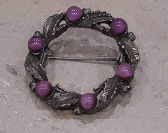 Vintage purple and silver tone round leaf style brooch, might be pewter. Really nice colouring and style, Scottish influence maybe.