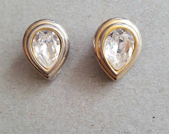 Vintage clip on earrings signed sphinx on the back faux diamond centre stone gold tone setting Mothers day wedding bridal gift retro piece