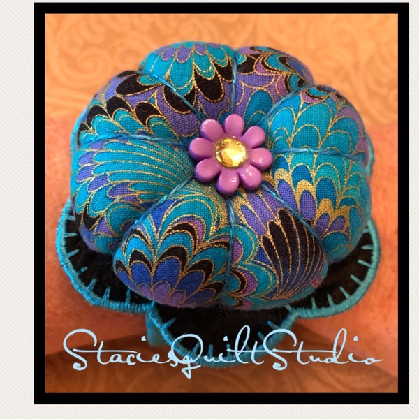 Flower Wrist Pin Cushion - Ornate Teal, Purple & Gold wrist pincushion