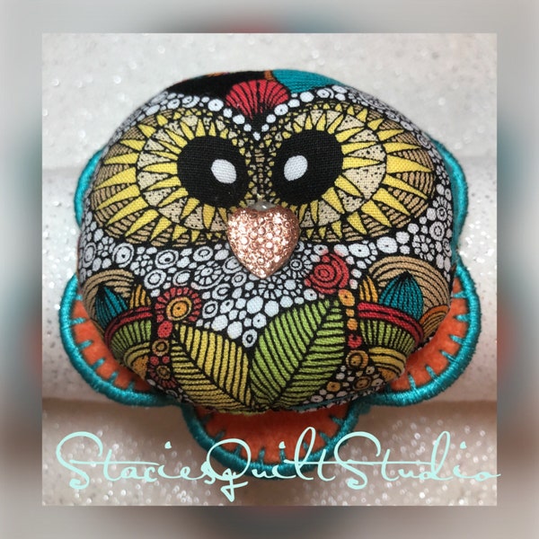 Wrist Pin Cushion - OWL - Hoot Owl Orange Doodle pincushion