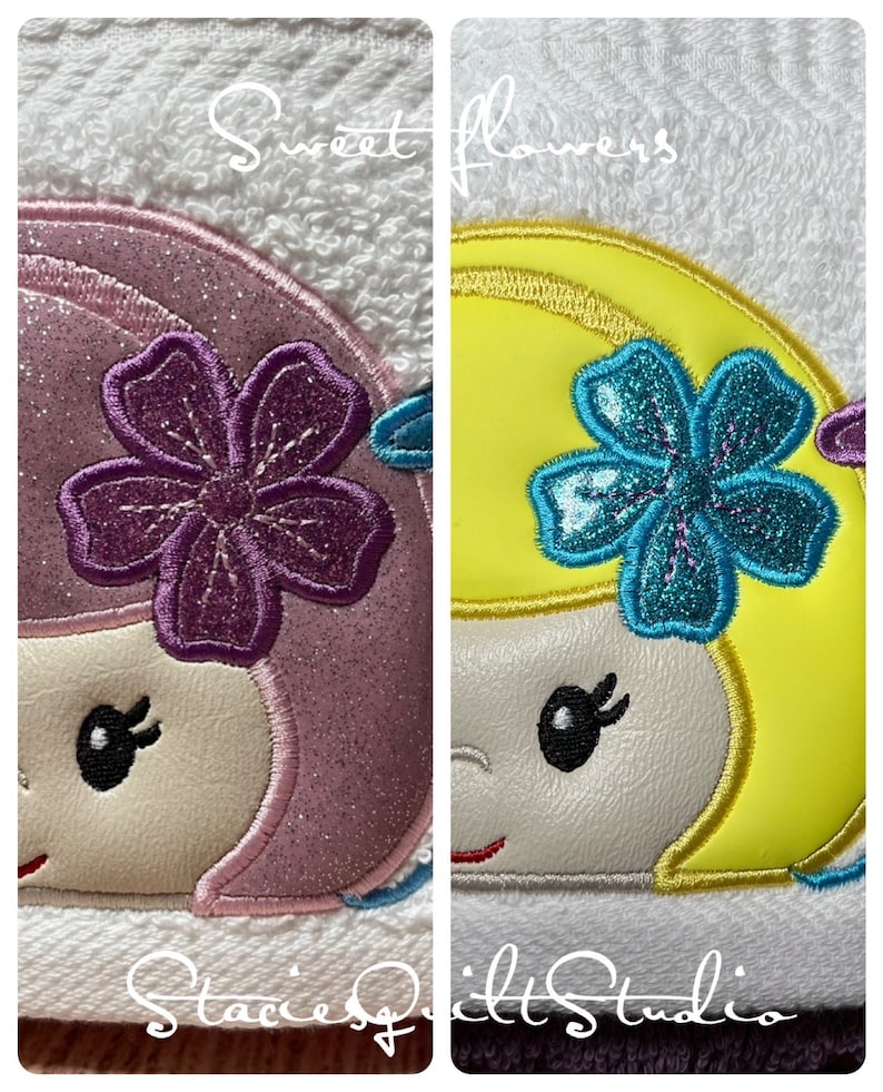 May include: Two embroidered designs of a girl with a flower in her hair. The girl on the left has pink hair and a purple flower. The girl on the right has yellow hair and a blue flower. The text "Sweet Flowers" is above the designs and the text "Stacie's Quilt Studio" is below the designs.