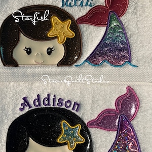 May include: Two embroidered patches featuring a mermaid with a starfish on her head and a tail with iridescent scales. The top patch has brown hair and the text "Talia" above it. The bottom patch has black hair and the text "Addison" above it.