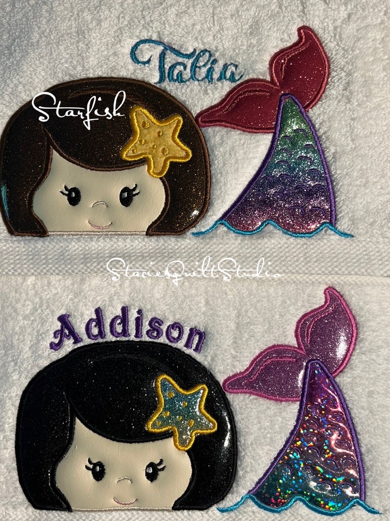 May include: Two embroidered patches featuring a mermaid with a starfish on her head and a tail with iridescent scales. The top patch has brown hair and the text "Talia" above it. The bottom patch has black hair and the text "Addison" above it.