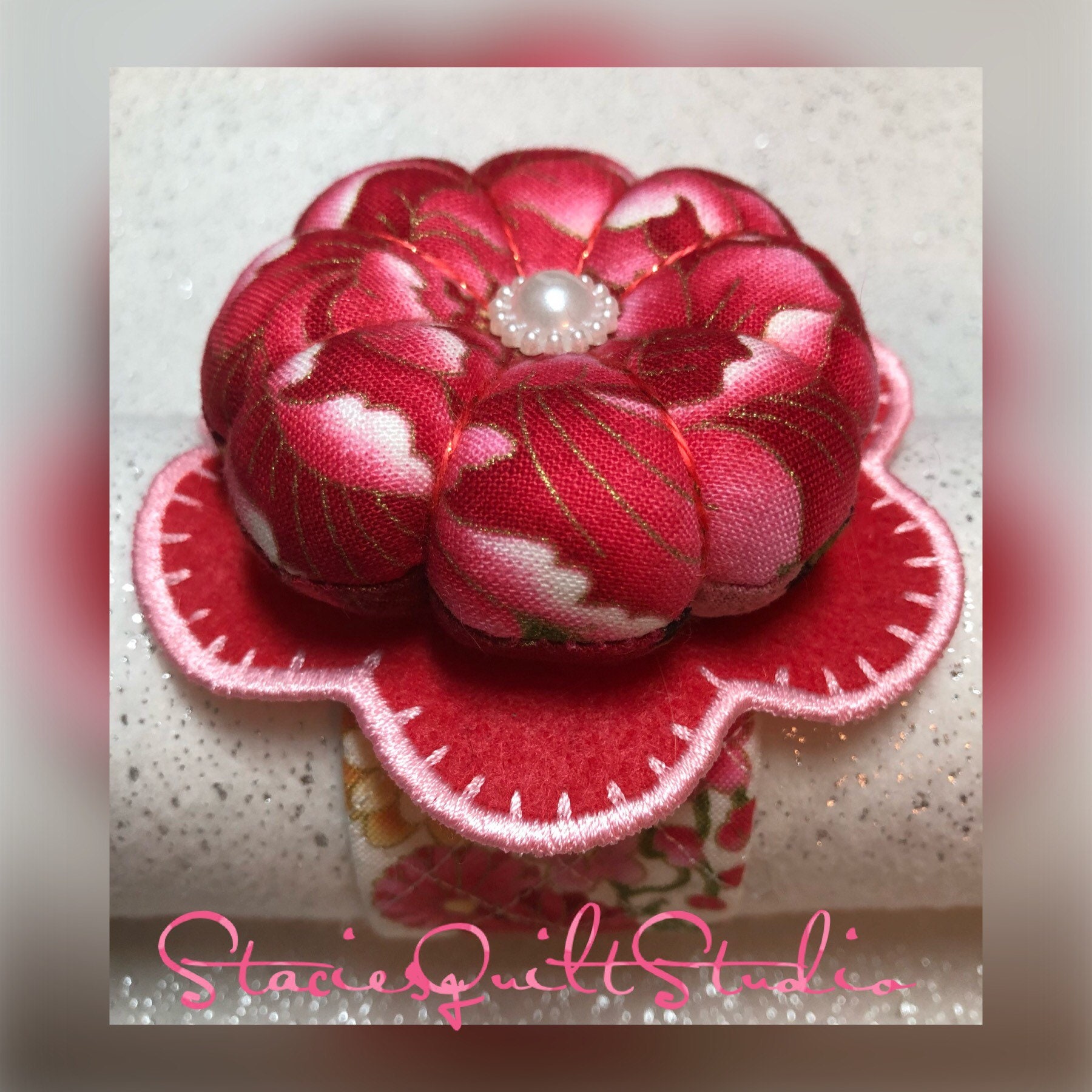 Flower Wrist Pincushion Pink Asian Tea Rose Pin Cushion 