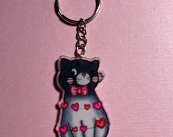 Black and White Tuxedo Cat and Hearts Keychain