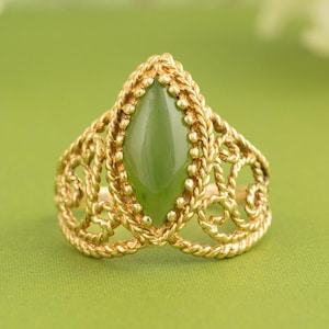 Art Nouveau Nephrite Jade Ring in 14k Yellow Gold - Marquise Jade - Gold Filigree Design - Unique Jade Jewelry - Artisan Gold Jade Ring