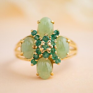 Oval Dyed Green Jade with Round Emeralds in 14k Yellow Gold - Vintage Jade - Art Deco Jade - Jade and Emerald Ring - Unique Gold Jade Ring