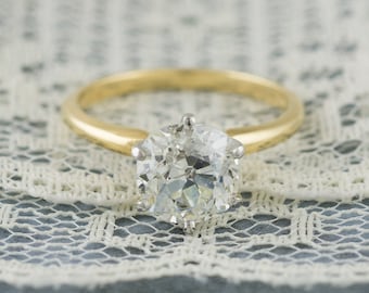 Stunning Old Mine Cut Diamond Solitaire Ring in Platinum and 18k Yellow Gold