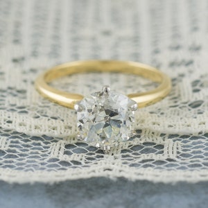Stunning Old Mine Cut Diamond Solitaire Ring in Platinum and 18k Yellow Gold