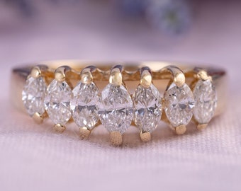 7 Marquise Diamond in Pyramid Step 14k Yellow Gold Ring - Marquise Diamond Ring - Unique Marquise Ring - Diamond Anniversary Band
