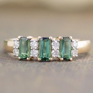 Green Tourmaline and Diamond Ring in 14k Yellow Gold - Tourmaline Baguette - Round Diamond - October Birthstone Jewelry - Anniversary Band